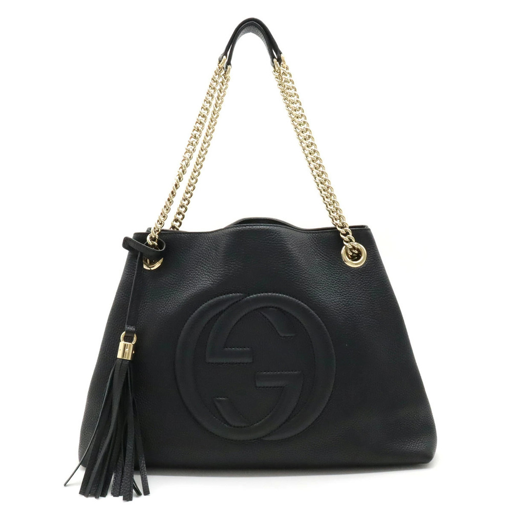 Gucci Soho Interlocking G Fringe Tote Bag Chain Shoulder Leather Black